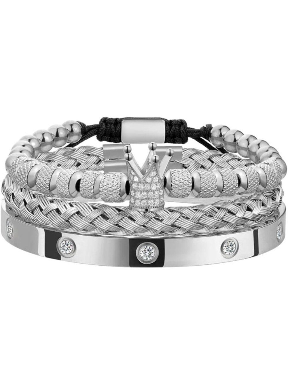 3PCS Gold Stainless Steel Crown Bracelets for Men - Adjustable Roman Numeral